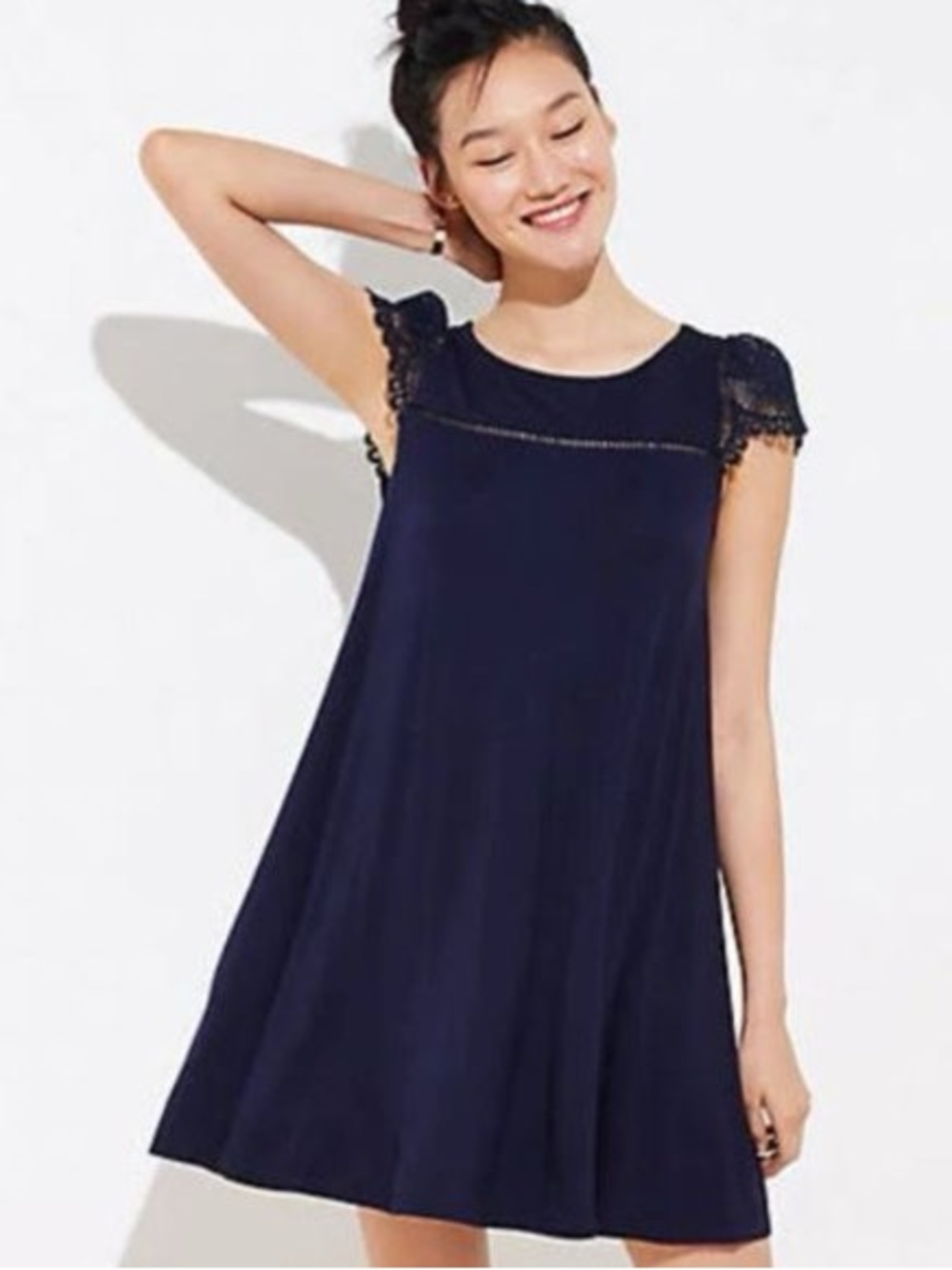 NWT LOFT Navy Lace Cap-Sleeve Swing Dress